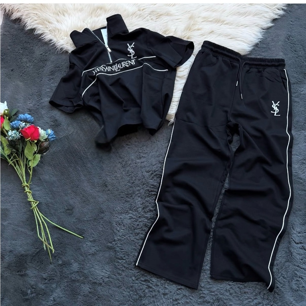 Yves Saint Laurent Black Two-Piece Jumpsuit with White Piping